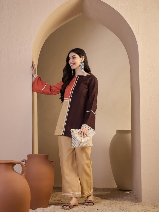 Women Colourblocked Gotta Detalied Top and Palazzo Co-Ords Set