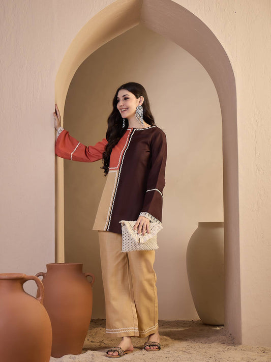 Women Colourblocked Gotta Detalied Top and Palazzo Co-Ords Set