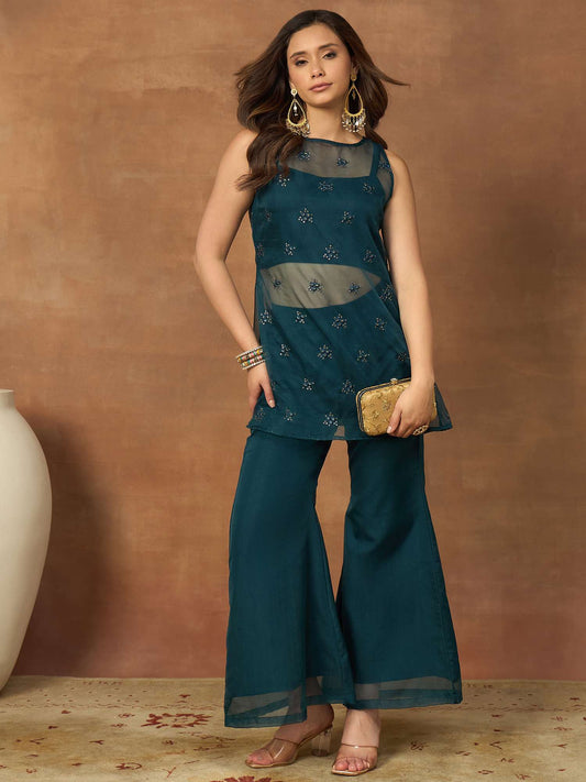 Floral Embroidered Top with Palazzos