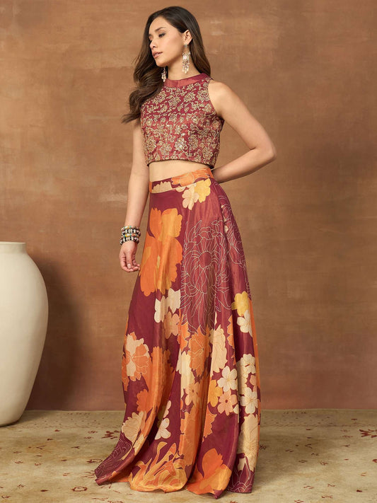 Floral Embroidered Top with Skirt