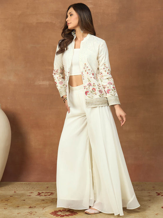 Women Floral Thread and Sequinned Embroidered Top with Palazzo