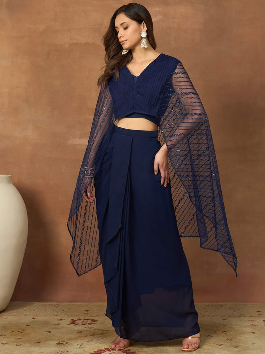 Women Striped Thread and Sequinned Embroidered Top with Skirt Co-Ords Set