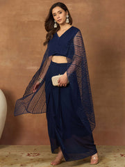 Women Striped Thread and Sequinned Embroidered Top with Skirt Co-Ords Set