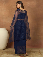 Women Striped Thread and Sequinned Embroidered Top with Skirt Co-Ords Set
