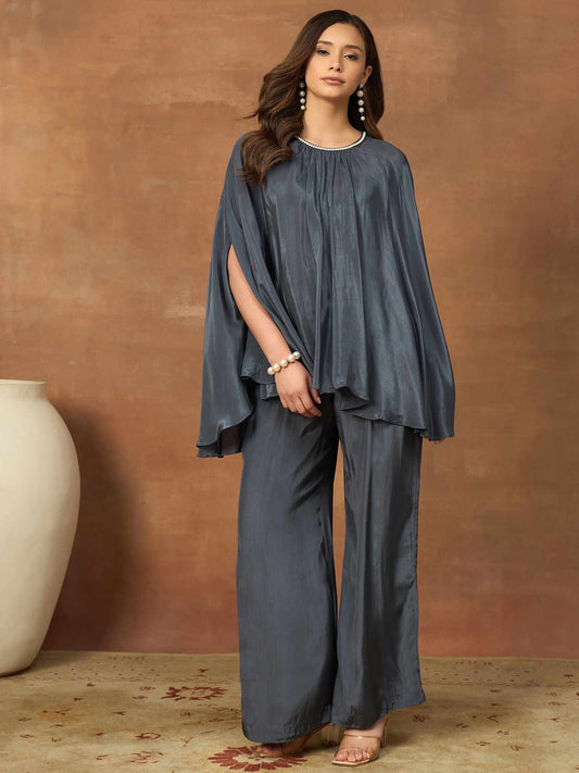 Round Neck Pure Silk Solid Top With Palazzos