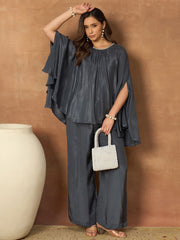 Round Neck Pure Silk Solid Top With Palazzos