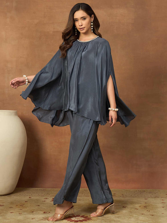 Round Neck Pure Silk Solid Top With Palazzos