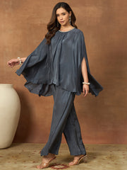 Round Neck Pure Silk Solid Top With Palazzos