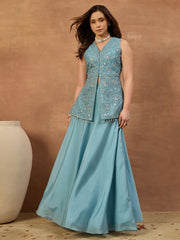 Women Floral Thread and Sequinned Embroidered Top with Skirt