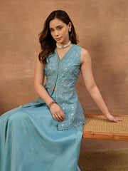 Women Floral Thread and Sequinned Embroidered Top with Skirt