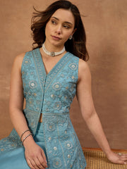 Women Floral Thread and Sequinned Embroidered Top with Skirt
