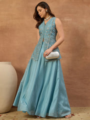 Women Floral Thread and Sequinned Embroidered Top with Skirt