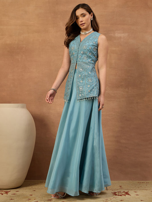 Women Floral Thread and Sequinned Embroidered Top with Skirt