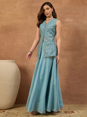 Women Floral Thread and Sequinned Embroidered Top with Skirt
