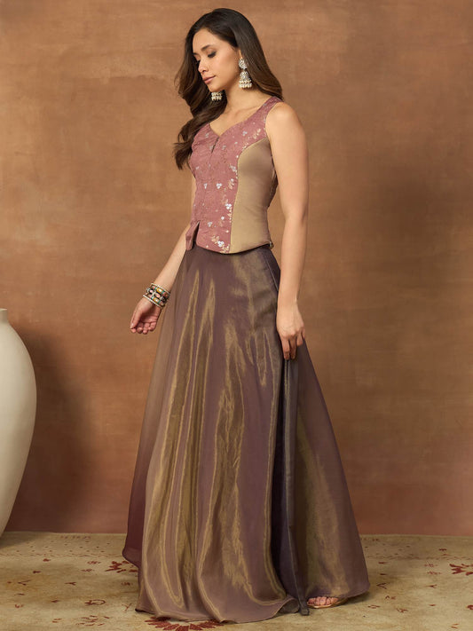 Silk Woven Design Top with Skirt