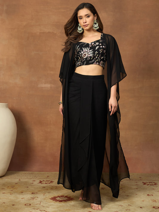 Romantic Florals Embroidered Top with Palazzos & Jacket