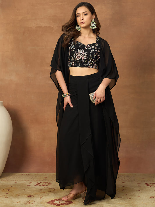 Romantic Florals Embroidered Top with Palazzos & Jacket