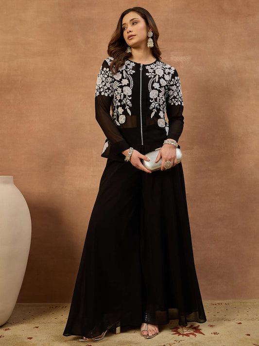 White Romance Embroidered Top With Palazzos & Jacket