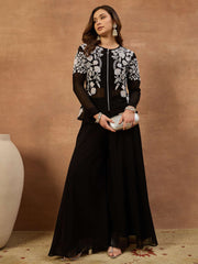 White Romance Embroidered Top With Palazzos & Jacket