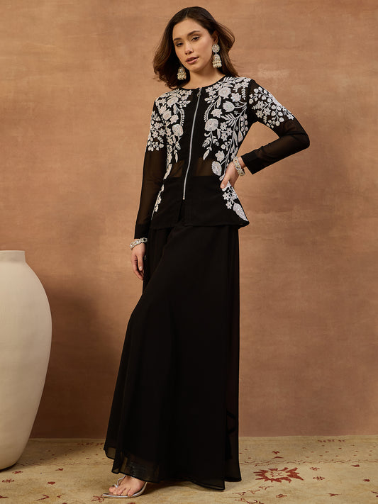White Romance Embroidered Top With Palazzos & Jacket