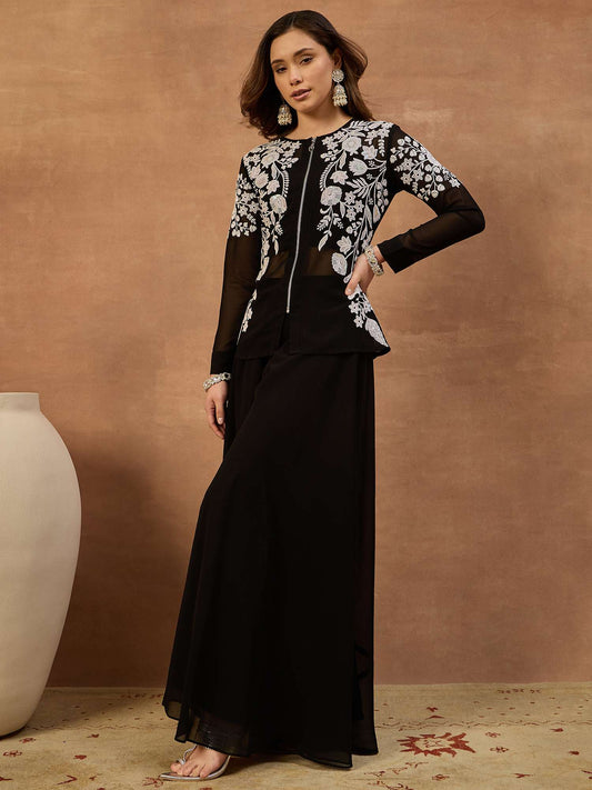 White Romance Embroidered Top With Palazzos & Jacket