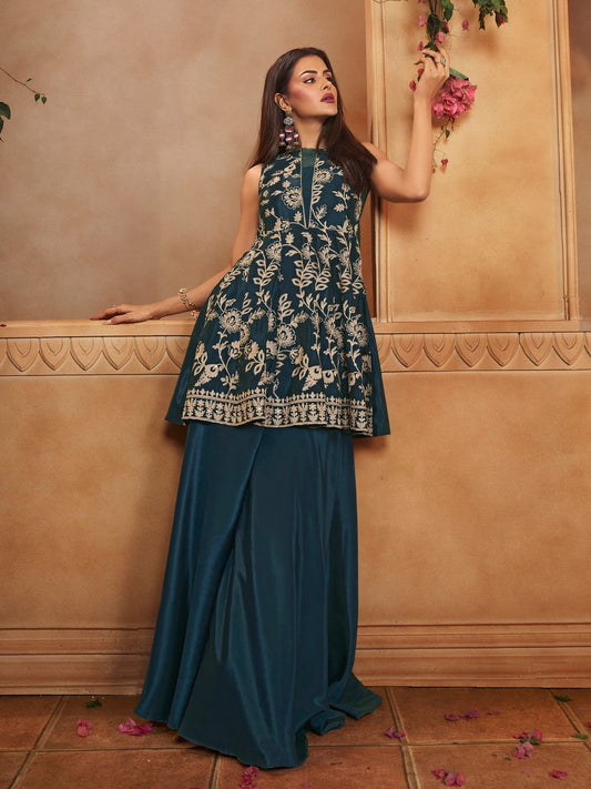 Indie Florals Organza Embroidered Tunic with Palazzos