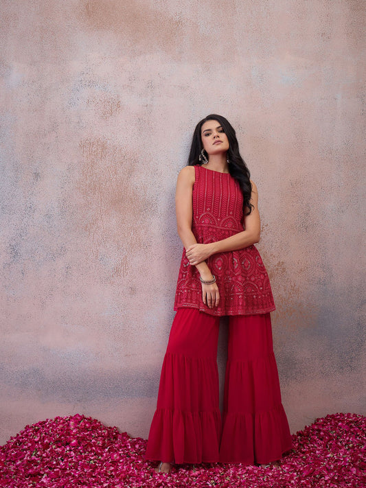 Women Ethnic Motifs Embroidered Regular Sequinned Kurta with Sharara