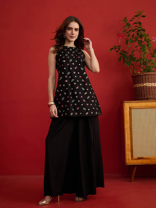 Silk Embroidered Top with Palazzos