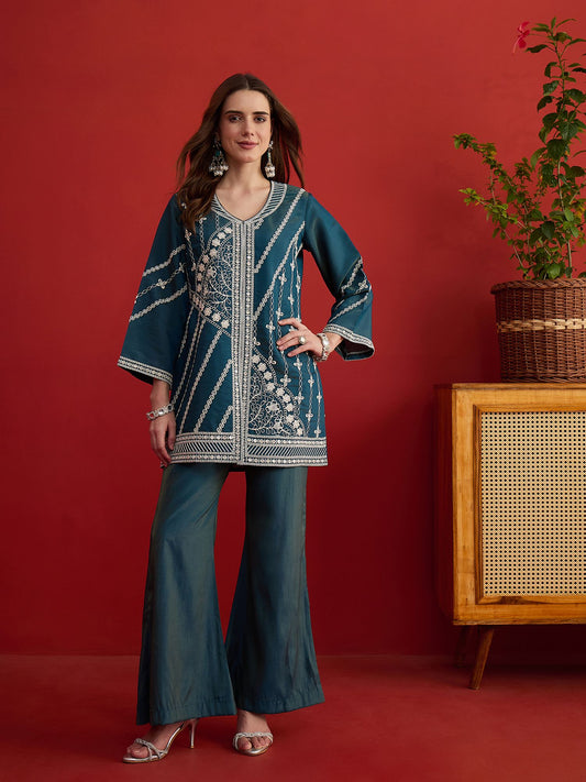Silk Embroidered Top with Palazzos