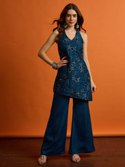 Women Floral Thread and Sequinned Embroiderd Top wih Palazzo Co-Ords set