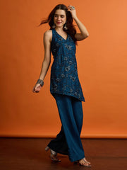 Women Floral Thread and Sequinned Embroiderd Top wih Palazzo Co-Ords set