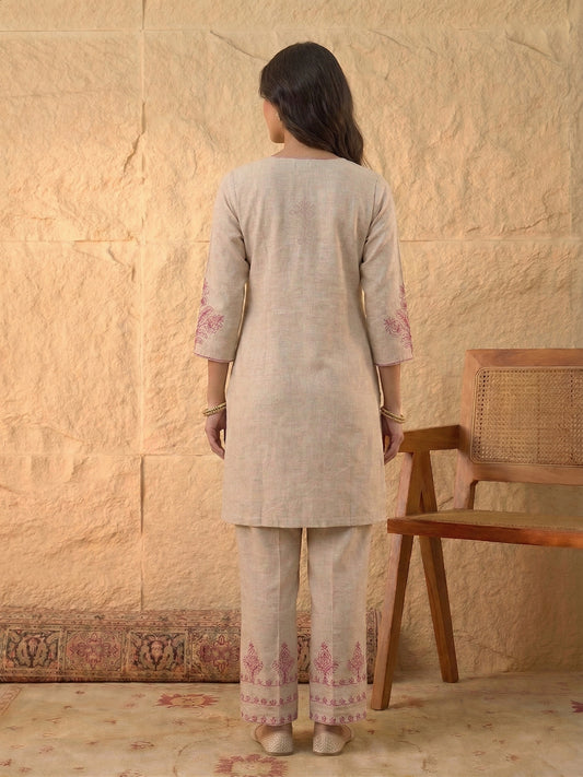 Floral Linen Embroidered Top with Palazzos