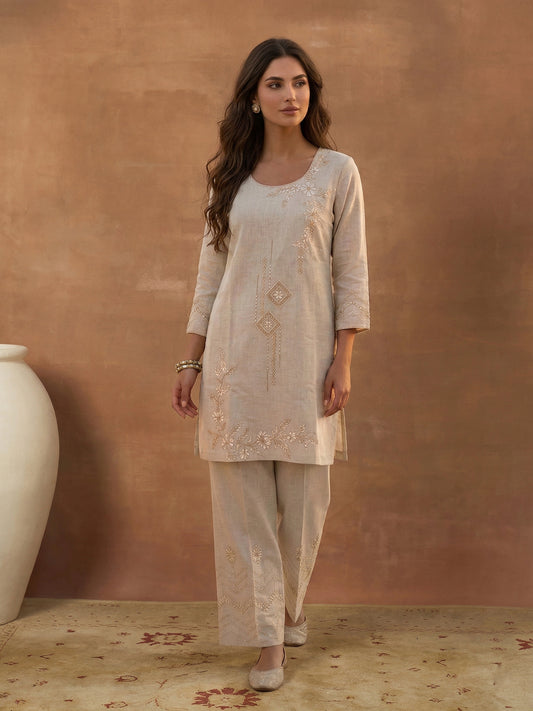 Floral Linen Embroidered Top with Palazzos
