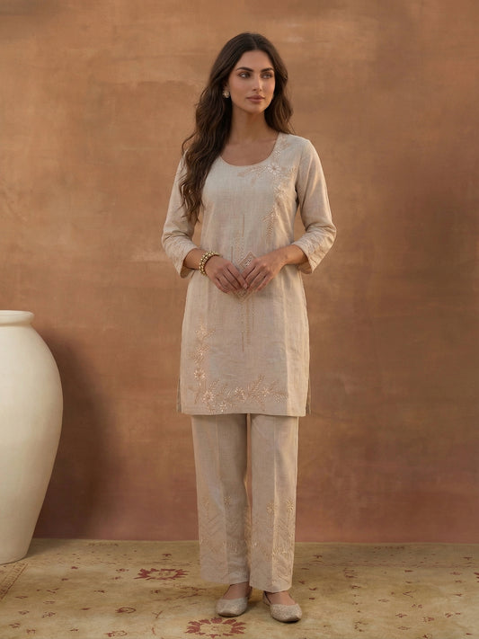 Floral Linen Embroidered Top with Palazzos