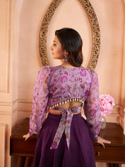 Purple Floral Printed V-Neck Top with Mid-Rise Skirt Co-Ords