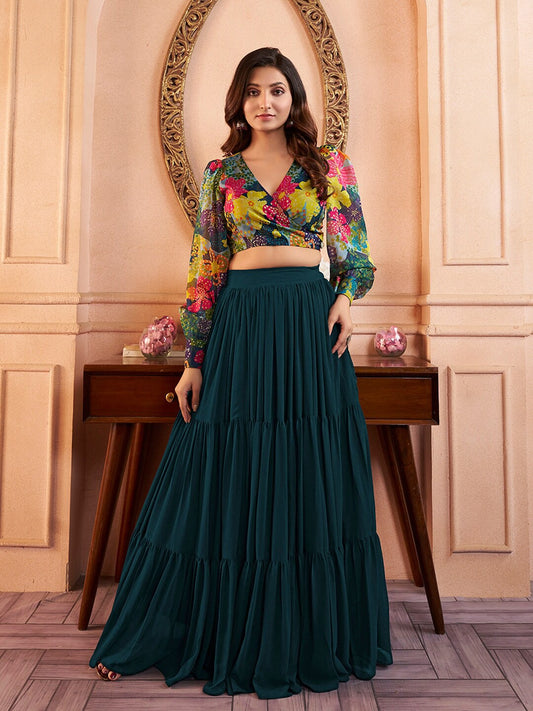 Green Printed V-Neck Cro Top With Long Flared Skirt Co-Ords