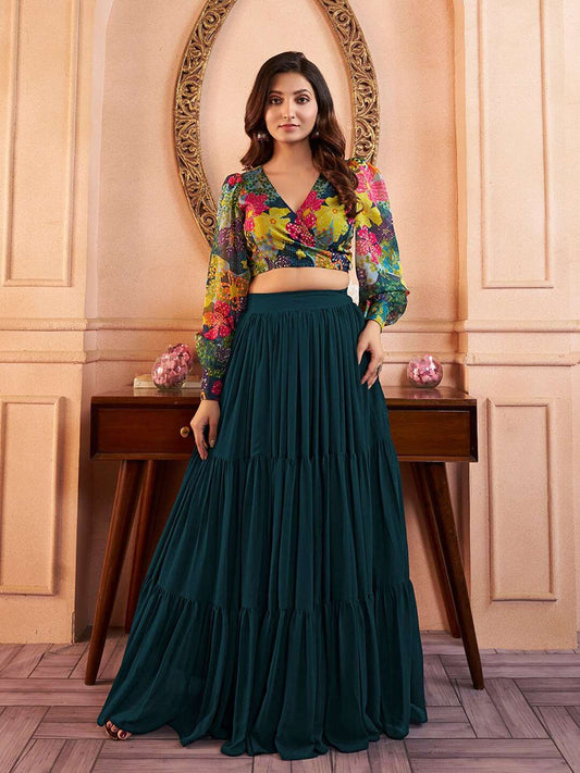 Green Printed V-Neck Cro Top With Long Flared Skirt Co-Ords