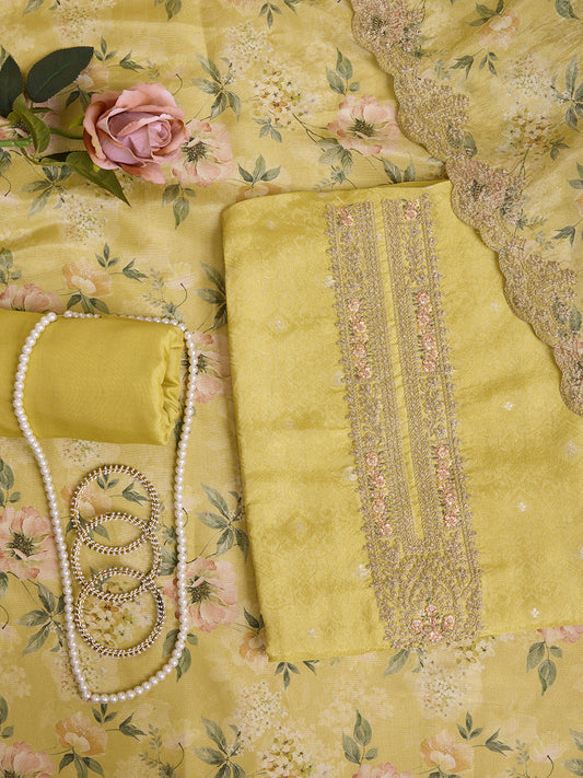 Ethnic Motifs Embroidered Zari Pure Silk Unstitched Dress Material