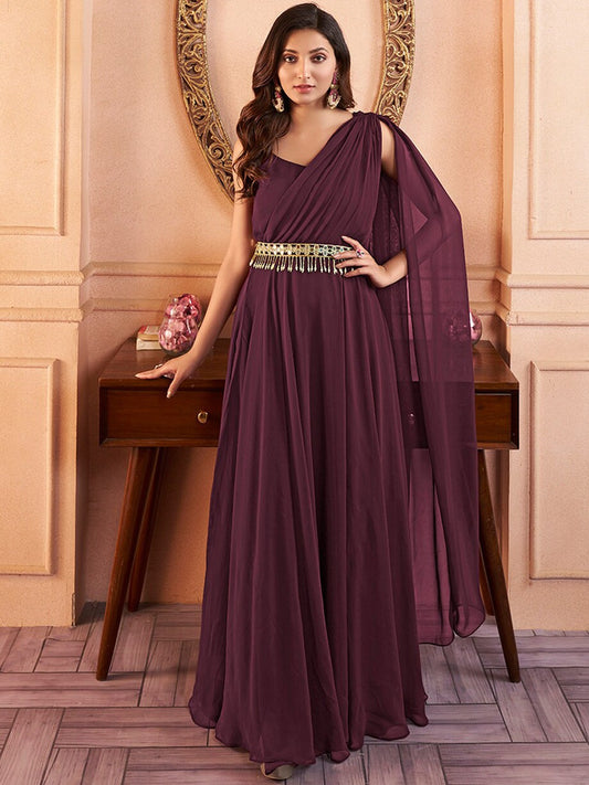 Mauve Shoulder Straps Fit & Flared Maxi Ethnic Dress With Embellished Belt