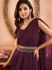 Mauve Shoulder Straps Fit & Flared Maxi Ethnic Dress With Embellished Belt