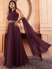 Mauve Shoulder Straps Fit & Flared Maxi Ethnic Dress With Embellished Belt
