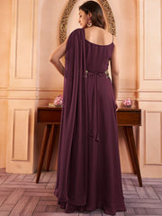 Mauve Shoulder Straps Fit & Flared Maxi Ethnic Dress With Embellished Belt