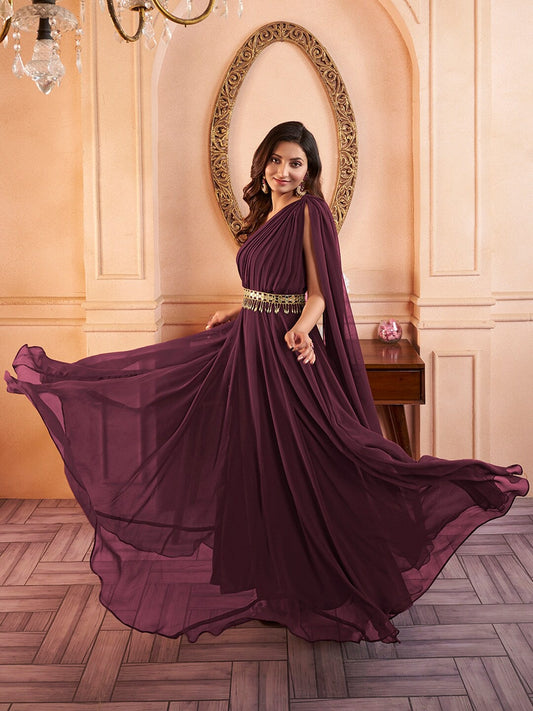 Mauve Shoulder Straps Fit & Flared Maxi Ethnic Dress With Embellished Belt
