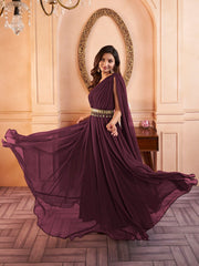 Mauve Shoulder Straps Fit & Flared Maxi Ethnic Dress With Embellished Belt