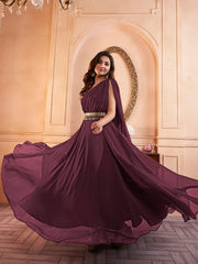 Mauve Shoulder Straps Fit & Flared Maxi Ethnic Dress With Embellished Belt