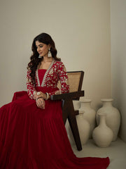 Sequinned Embroidered Tiered Fit & Flared Maxi Ethnic Dress