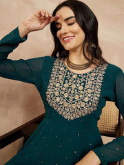 Teal Sequinned Embroidered Flared Maxi Dress