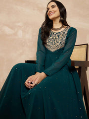 Teal Sequinned Embroidered Flared Maxi Dress