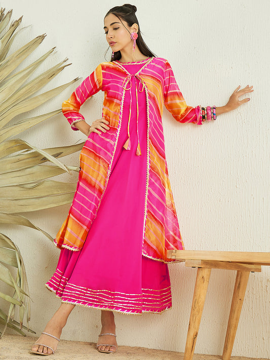 Pink Fit & Flare Midi Ethnic Dress With Jacket