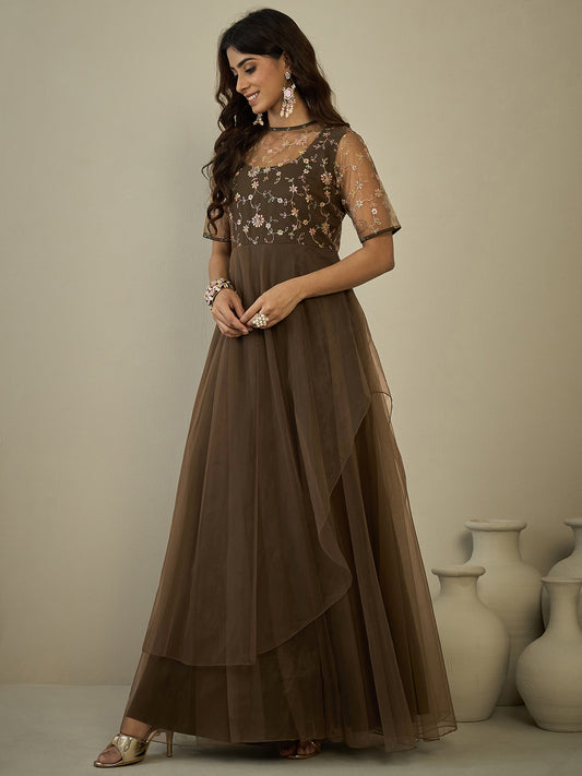 Floral Embroidered A-Line Maxi Ethnic Dresses